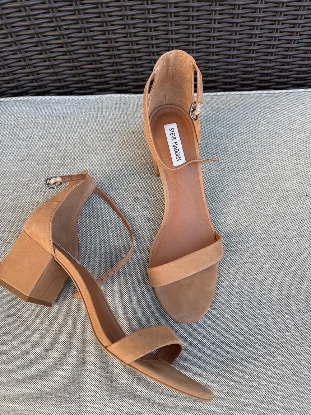 Steve Madden Tan Suede Block Heel Sandals with Ankle Strap Irene
